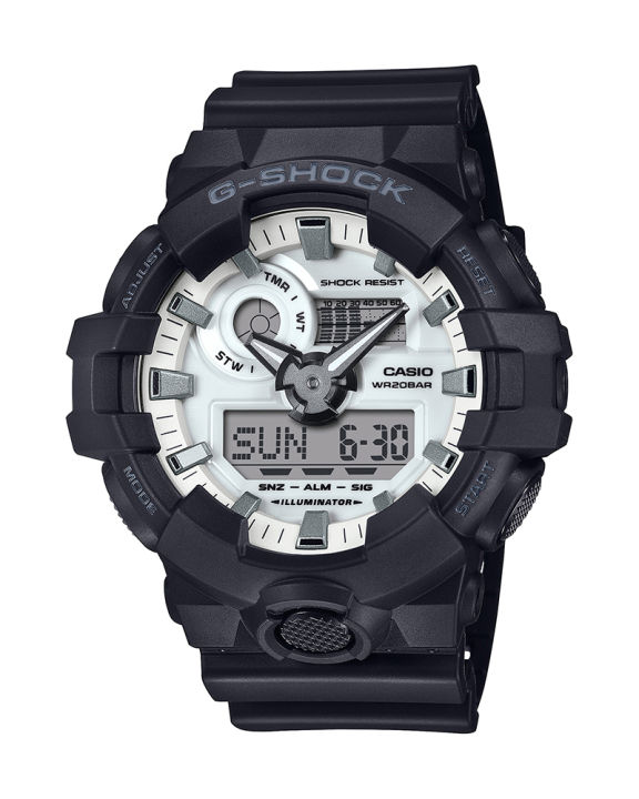 Go bold and confident with a strikingly straightforward G Shock in high-contrast black and white-GA-700WD-1ADR