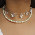 Silver Pearl Butterfly Double Layer Korean Jewellery Choker Necklace Jewellery For Girls- Silver Chain Neck Statement Collar Chains Choker Shining Female Choker Korean Jewellery. 