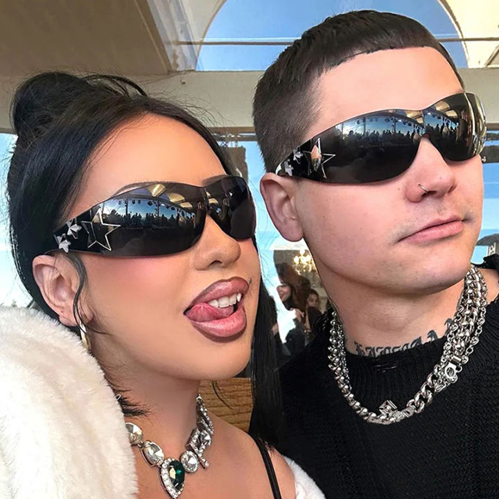 One Piece UV400 Rimless Y2K Sunglasses For Women Men Punk Goggles Trendy Sun Glasses Eyewear 3D Five Star Rhinestones