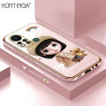 Hontinga for Infinix Hot 11S Back Cover Luxury 6D Plating Cartoon Satchel Girl Side Pattern Case Soft Silicone Square Phone Cases. 