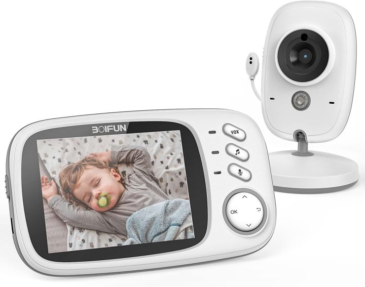 BOIFUN Video Baby Monitor Camera, Night Vision, No WiFi, ECO VOX Mode, 3.2'' Screen, Two-way Audio, Rechargeable Battery, Feeding Reminder, Temperature Monitoring, Smart 8 Lullabies