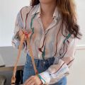 Women Summer Striped Printing Shirt Contrast Color Pleated Blouse Loose Long Sleeve Tops. 