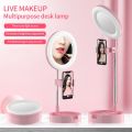 4 in 1 Foldable LED Selfie Ring Light with Makeup Mirror Table Lamp Adjustable Height Phone Holder Stand for Livestream Video Recording USB Powered Travel Vanity Mirro. 
