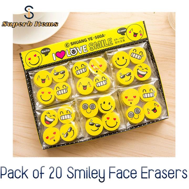 Pack of 20 – Fancy Smiley Face Erasers for Kids / Cartoon Eraser Emoji Stylish Erasers for Girls / Unique Erasers Pencil Cute Erasers
