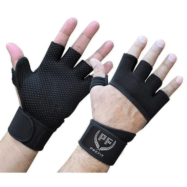 PF Weightlifting Gym Gloves Fitness Wrist Wraps Exercise Black