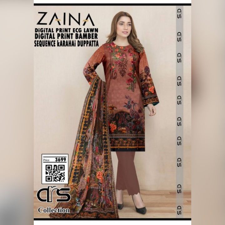 Zaina brand lawn dress sale 3 pc, 3 piece bamber working dubatta plane trouser