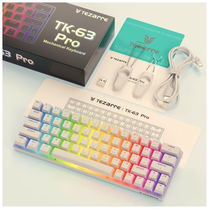 Tezarre Tk-63 Pro Tri Mode Wireless 60% Mechanical Gateron Hotswappable Full RGB Gaming Keyboard With BROWN SWITCHES