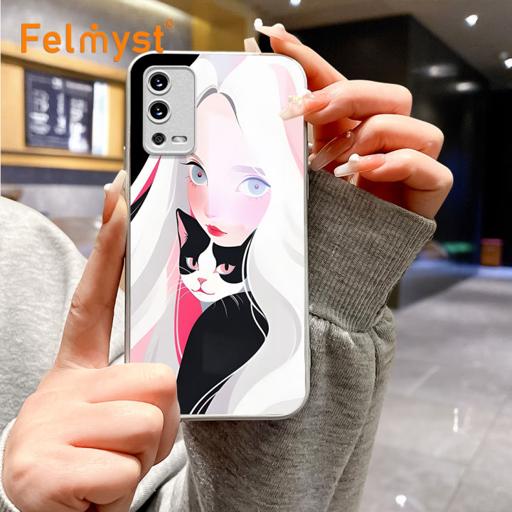 FELMYST for OPPO A55 Back Cover Girl Black Cat Original Print Hard Metallic Lacquer Glass Phone Case
