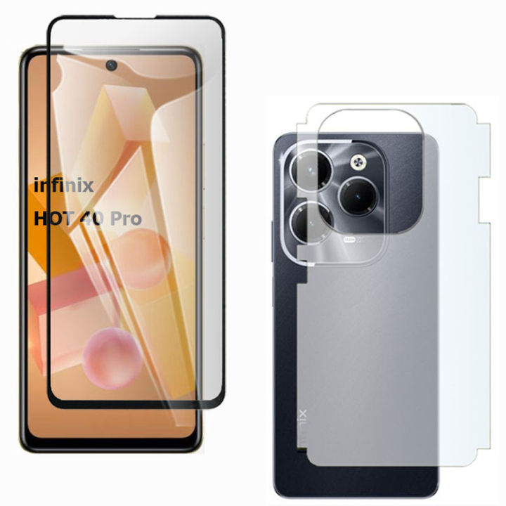 Pack of 2 - Infinix Hot 40 Pro Full Black 9D 6D 21D Tempered Glass Screen Protector + Back Matte Protector Soft Skin Sheet Film Protection Carbon Fiber With Sides Cover For hot40 pro - Transparent