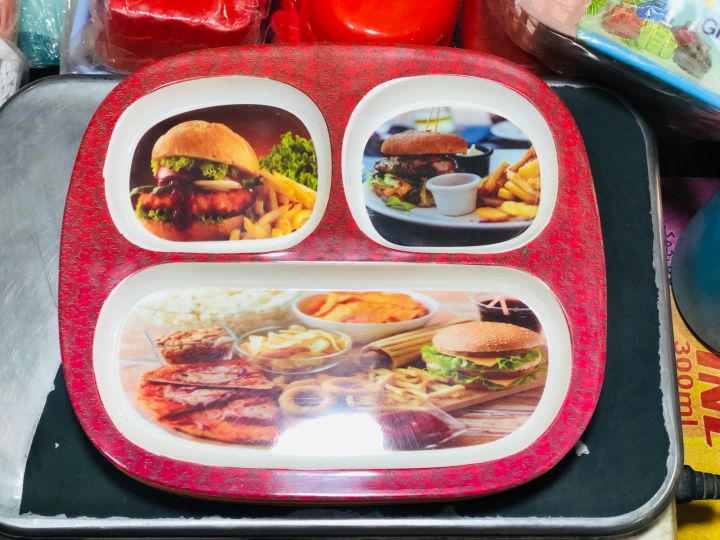 Plate%20-%20Burger%20Plate%20Snack%20Dish%203%20Partition%20Plastic%20Melamine%20Tray%20Best%20for%20Burger%20Chips%20Biriyani%20Shawarma%20Fries%20Plate%20for%20Wedding%20Home%20Party%201%20Piece%20Multi%20Color%20&%20Design%20-%20Image%204