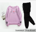 Cute Kitty Printed Tracksuit In Cotton & Jersey Fabric - Stay Stylish And Comfy With Elegant Summer Track Suit For Women - Trendy Sweatshirt And Casual Wear Trouser. 