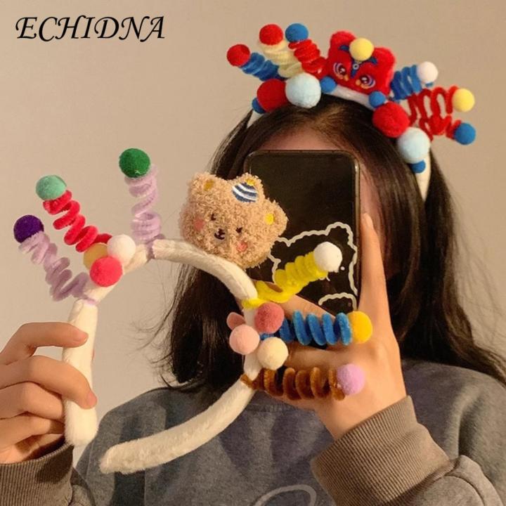 ECHIDNA Cute Cartoon Headband Adorable Cartoon Bear Plush Ball Hairband Colorful Anti-slip Headband for Styling Photo Props Cartoon Character Headband