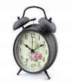Big Size Retro Vintage Bedside Twin Bell Alarm Clock With Loud Alarm And Nightlight (Black Case - Roses). 