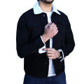 Jet Black Sherpa Denim Jacket with White Fur. 