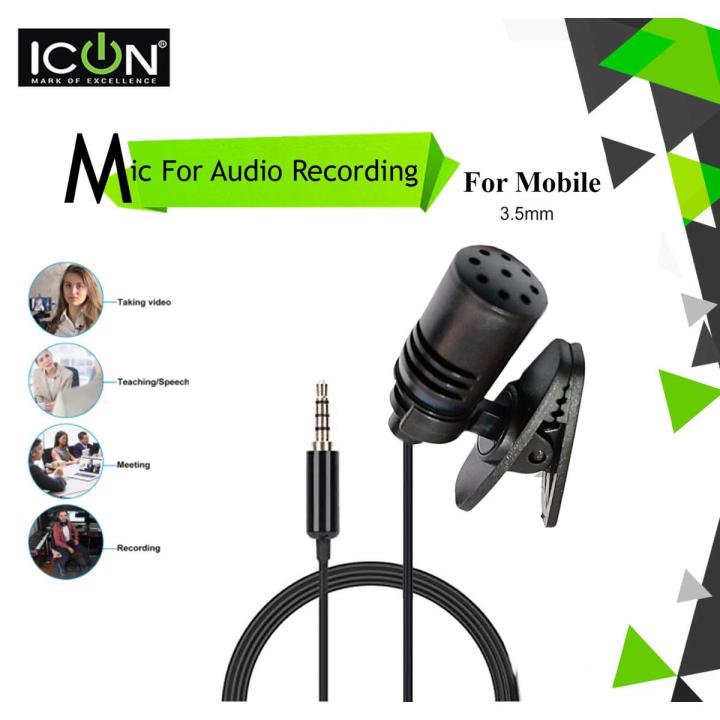 ICON 3.5mm Microphone Professional Lavalier Omnidirectional Mic 360° Easy Clip for Android Mobile Phones (Not For PC) (1.2 Meter)