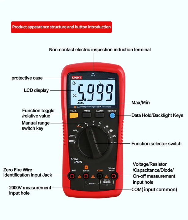 UNI-T UT892 Multimeter Digital 2000V Voltmeter AC DC High Voltage ...