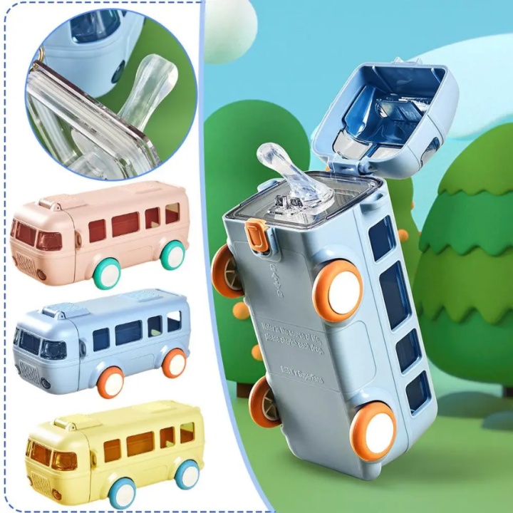 Bus Water Bottle For Kids: 16oz Car Water Cup With Straw And Strap Leakproof Plastic Drinking 2853519879712