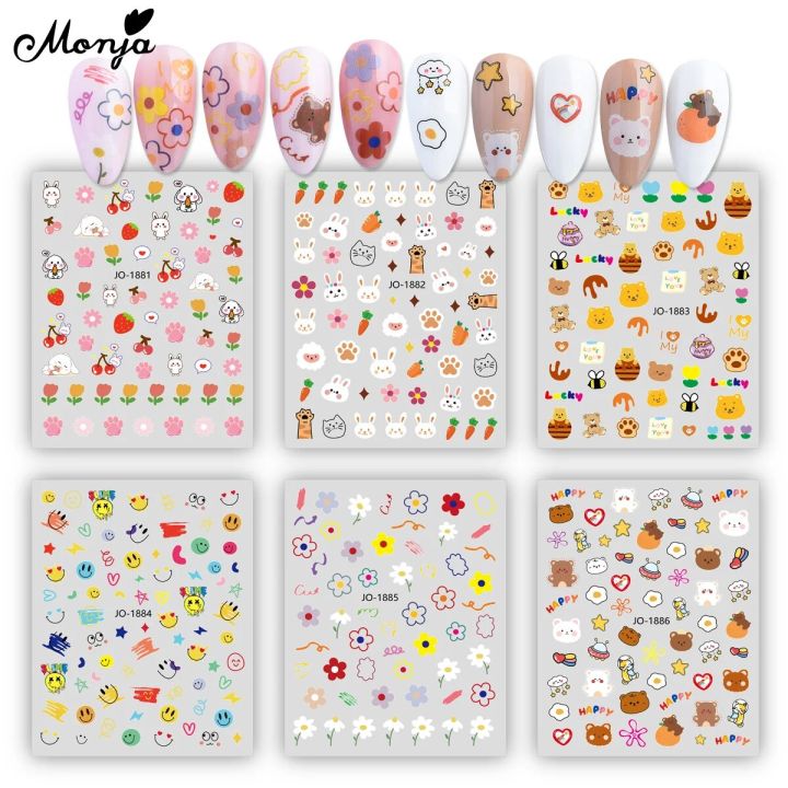 Monja Nail Stickers Lovely Bear Cartoon Bunny Carrot Decals Holographic Self-adhesive Sliders Manicure Design Accessories Tools