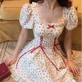 Cute Florals Dress Women Vintage Cottagecore Y2k Puff Sleeve Square Collar Lace-up High Waist Corset Dress Female. 