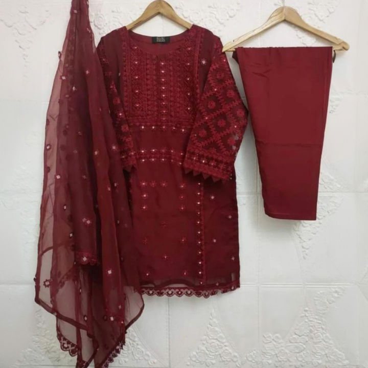 Stylish Heavy Embroidered Organza Kurti & Dupatta 3 Piece Suit for Women - Embroided Dresses for Women