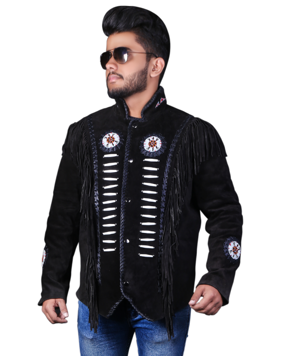 Genuine Cowhide Suede Fringe Leather Jacket Men - Traditional Native American Real  Western Coat - Fringed and Beaded Winter Black Leather Jackets
