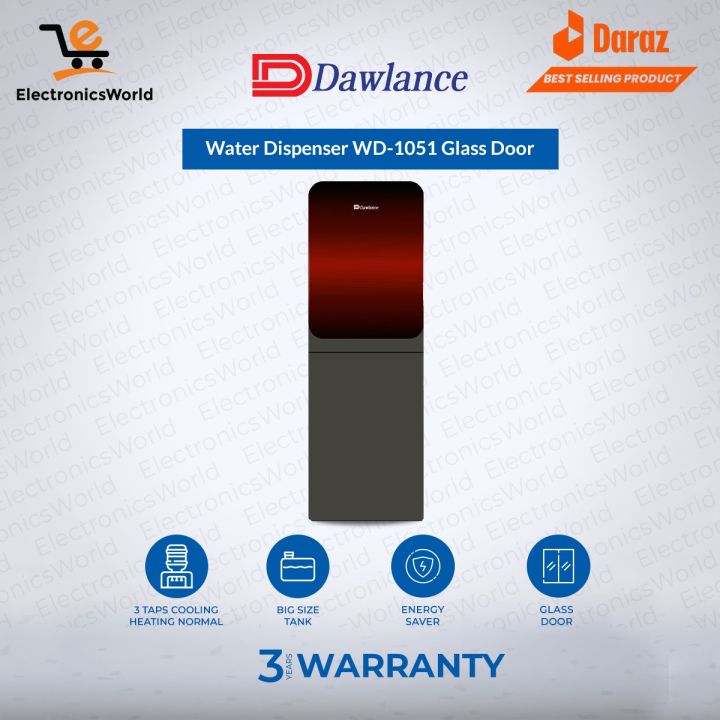 Dawlance Water Dispenser DWD-1051 Glass Door Noir Red Color-3 Taps With Refrigerator/ 5 Liters Capacity Stainless steel tank / 3 years Warranty