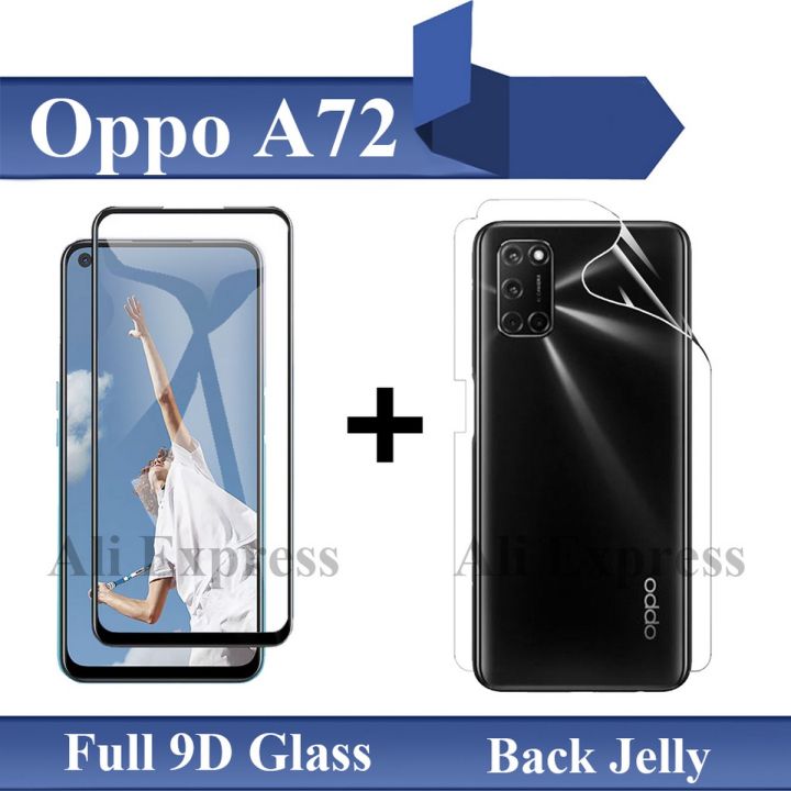 Oppo A72 Full Black 9D Tempered Glass Edge to Edge Full Glue Screen Protector + Back Jelly Protector Clear Soft Film Protector Hydrogel Film Protector For A72