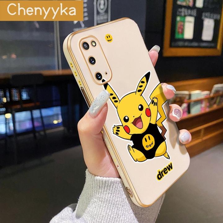 chenyyka For Samsung Galaxy S20 Case Cartoon Cute Pikachu Luxury Plating Side Phone Cases Pattern Silicone Casing Full Back Cover Camera Protection Softcase