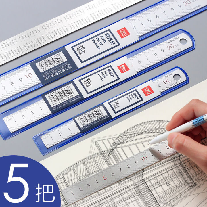 Deli Metal Ruler Silver 15/20/30cm Stainless Steel Straight Rulers Functional Mapping Tool School Office Drawing Supplies
