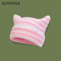 ECHIDNA Exquisite Weaving Beanie Cozy Striped Winter Beanie with Cute Kitty Ears Anti-slip Windproof less Than Adults Knitted Hat. 
