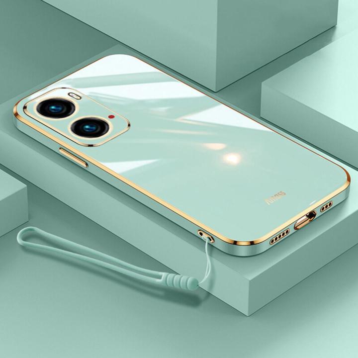 For OPPO A76 Back Cover + Wrist Strap Luxury Shiny Plating Square Shockproof Bumper Camera Lens Protection Soft TPU Silicone Phone Case