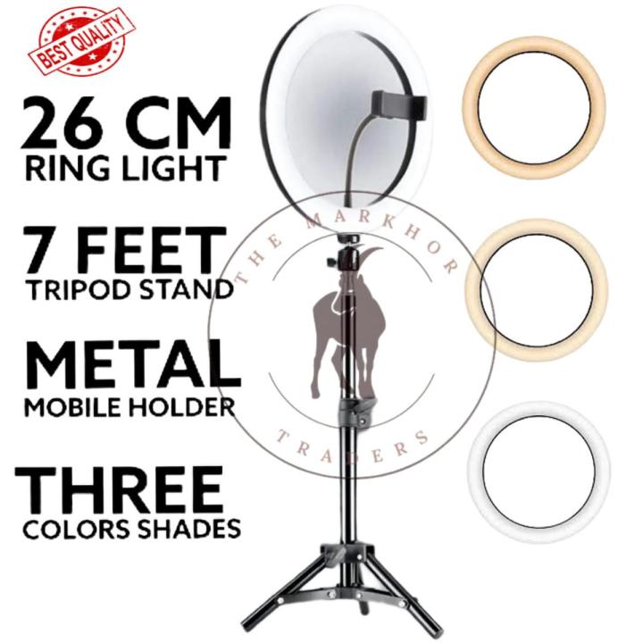 26cm Ring Light with Mobile Holder, Stand Holder and 7ft Stand, RingLight with 7 Feet Stand, Three Colours Makeup LED RingLight with Tripod Stand, Dimmable Selfie RingLight with USB for Videography and Photography