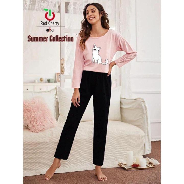 Printed Design Sleep Wear With Full Sleeves T-Shirt and Pajama Sexy Night Suit For Women Night Dress For Womens and Girls