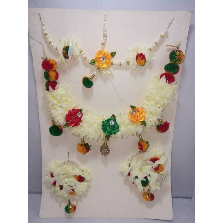 Mehndi Bridal Set Floral Handmade Mala, Mathapati, and Earrings- White Pearls - Aritifical Jewellery