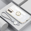 For OnePlus Nord N200 5G / Nord N300 Back Cover with Lanyard Rhinestone Ring Stand Luxury 6D Plating Square Frame Phone Case Shiny Holder Soft Silicone Protective Cases Pouch Girls. 