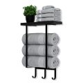 Towel Racks for Bathroom Wall Mounted Rack with Wooden Shelf & 3 Hooks, Holder Small Decor, Bath Storage Rolled Towels Organizer, Black All Black. 