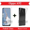 Oppo A92 Tempered Glass Screen Protector Polish Glass + Back Cover Soft Crystal Clear Transparent Case For A92. 
