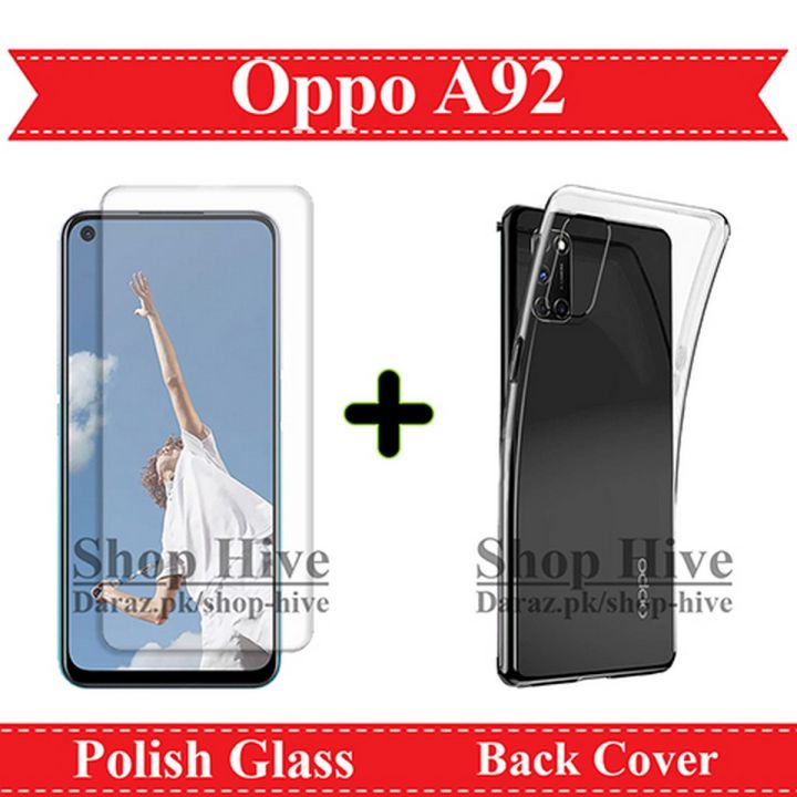 Oppo A92 Tempered Glass Screen Protector Polish Glass + Back Cover Soft Crystal Clear Transparent Case For A92