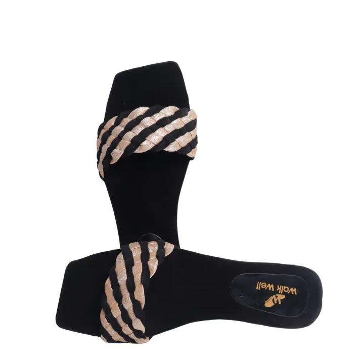Women’s Black Velvet Fancy Slippers – Elegant Golden Braided Strap ...