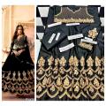 Shah Kamal Fabrics Unstitch Katan Silk 2 Piece Long Maxi Embroidery Shirt & Plain Trouser New Design Trendy Party Wear For Women-Black. 