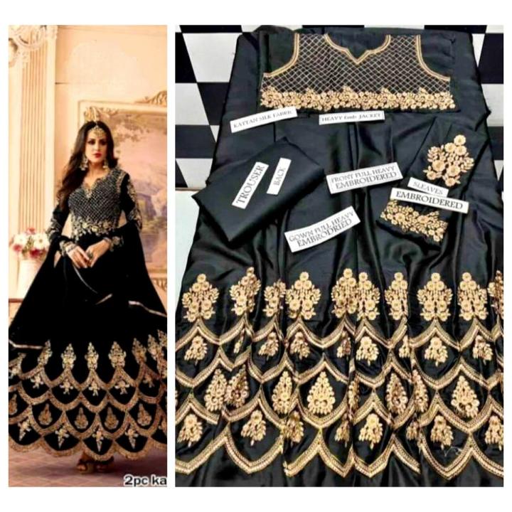 Shah Kamal Fabrics Unstitch Katan Silk 2 Piece Long Maxi Embroidery Shirt & Plain Trouser New Design Trendy Party Wear For Women-Black