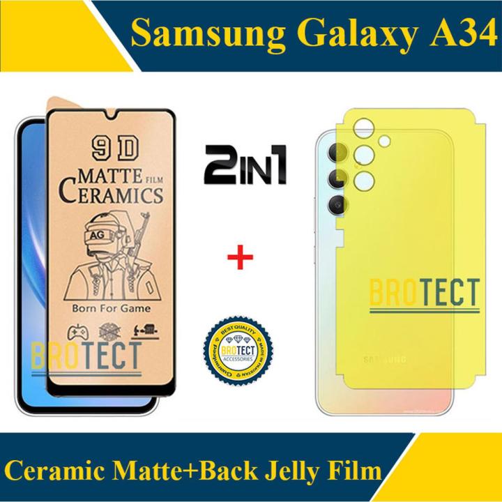 BROTECT Pack of 2- Samsung Galaxy A34 Ceramic Matte Screen Protector PUBG Gaming Glass 9D 21D + Back Jelly Protector Soft Hydrogel Film Unbreakable For samsung a34 - Transparent