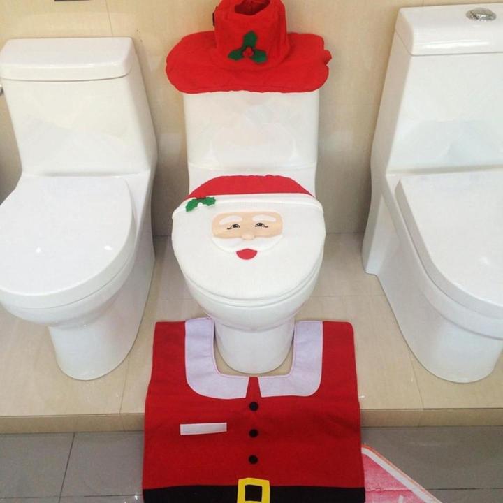 3Pcs Merry Christmas Toilet Seat Cover 3D Cartoon Santa Claus Design Bathroom Mat Toilet Cover Bath Accessories
