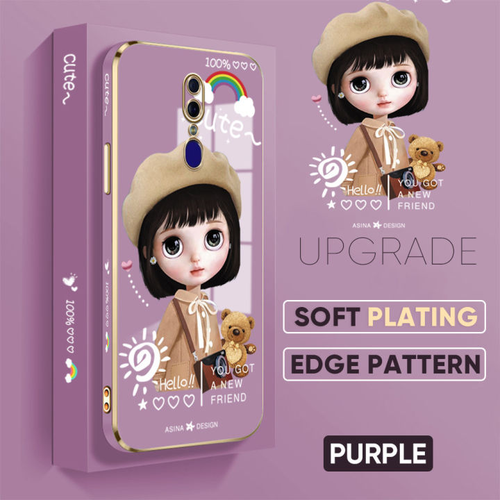 TA for OPPO F11 Back Cover + Free Lanyard Satchel Girl Luxury 6D Plating Case Side Pattern Soft Silicone Square Phone Cases