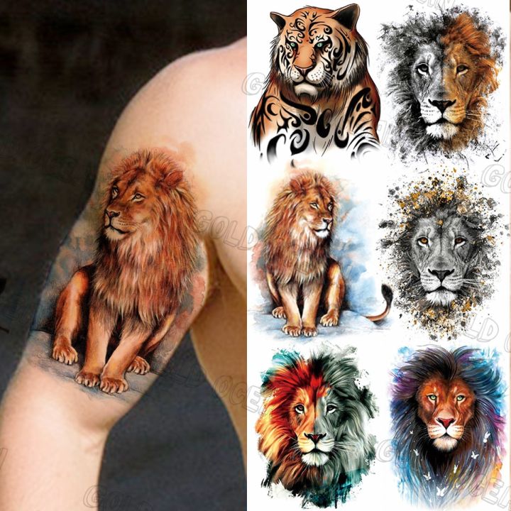 Large Size 3D Watercolor Lion Temporary Tattoos For Men Adults Realistic Tiger Tattoo Sticker Transfer Tattoo Arm Body Art