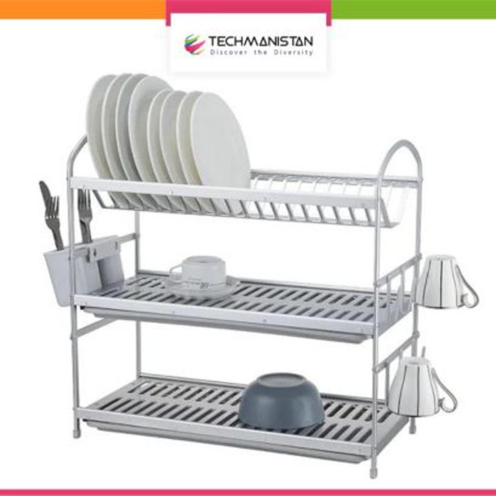 Techmanistan 3 Tier Aluminum Dish Drying Rack, Dish Cup Drying Rack Drainer Tray Cutlery Holder