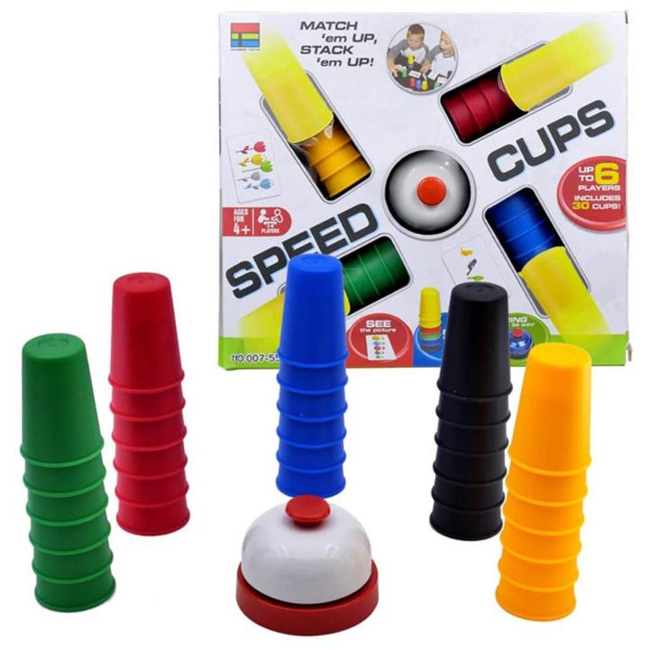 Quick Cups Games for Kids,Classic Speed Cup Game for Parent-Child Interactive Stacking Cups Game with 24 Picture Cards, 30 Cups (6 Sets of 5 Colors Each), Bell &Instructions