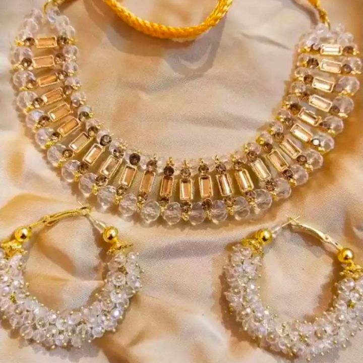 Amazing Crystal White Necklace With Golden Stones With Hoop Earrings Set
