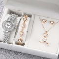 Women's Petal Gold Jewelry Set with Heart Shaped Necklace, Bracelet and 6Pcs Quartz Watches Set - Ideal Gift for Women & girls Valentine's Day. 