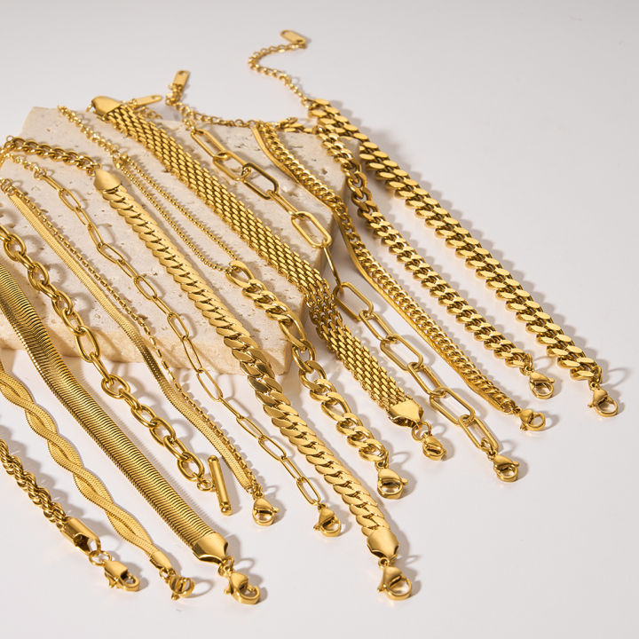New Non Tarnish Adjustable 18k Gold Stainless Steel Layered Cuban Chain Bracelet Women Men Snake Link Bracelet For Gift